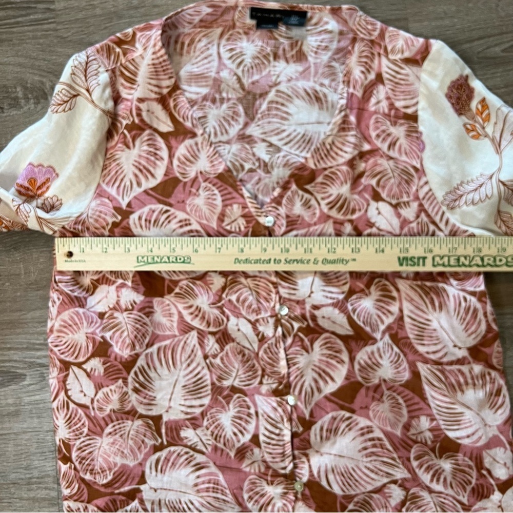 Tahari 100% Linen Boho Floral Botanical Print Long Sleeved Blouse Size Small Top - Picture 5 of 10